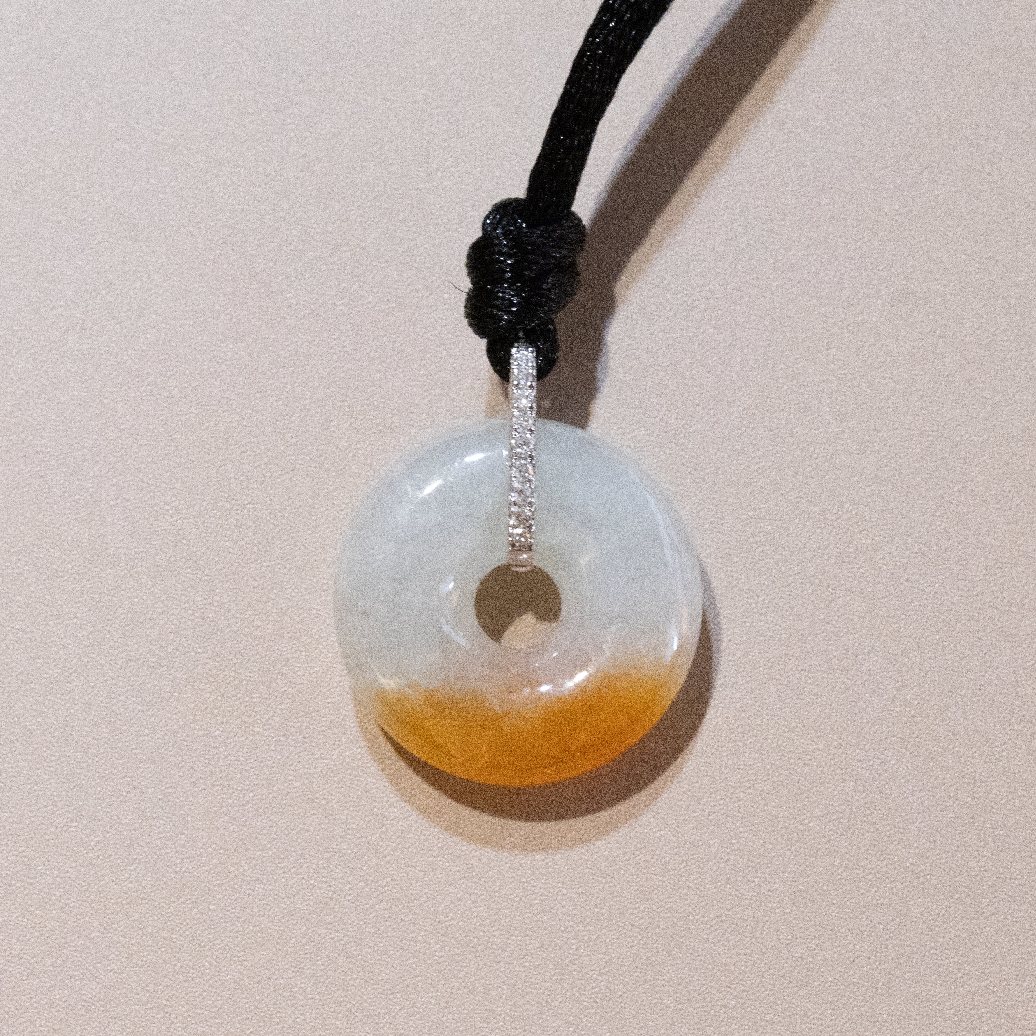 Red Jade Donut Pendant Necklace in 18K White Gold with Diamonds