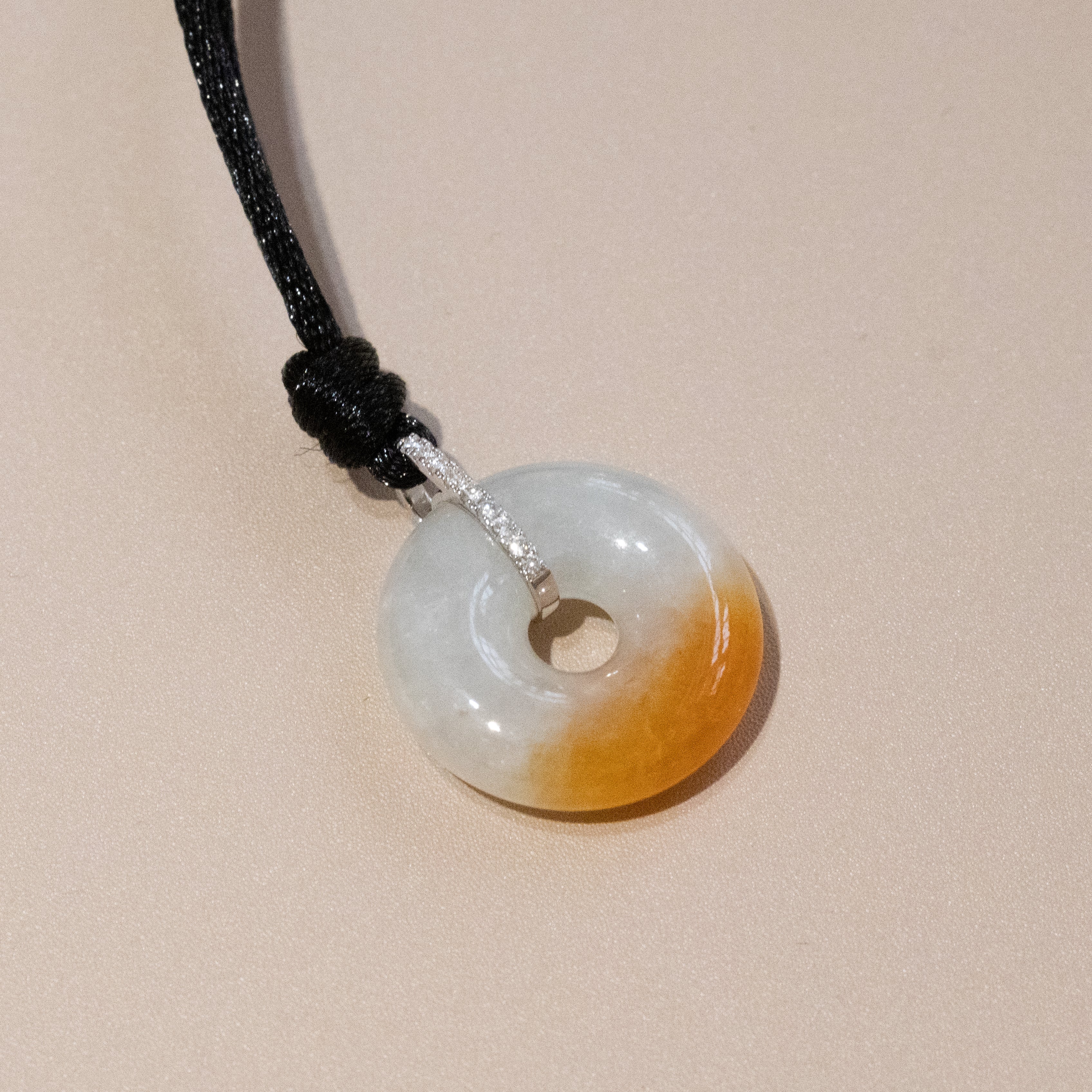 Red Jade Donut Pendant Necklace in 18K White Gold with Diamonds