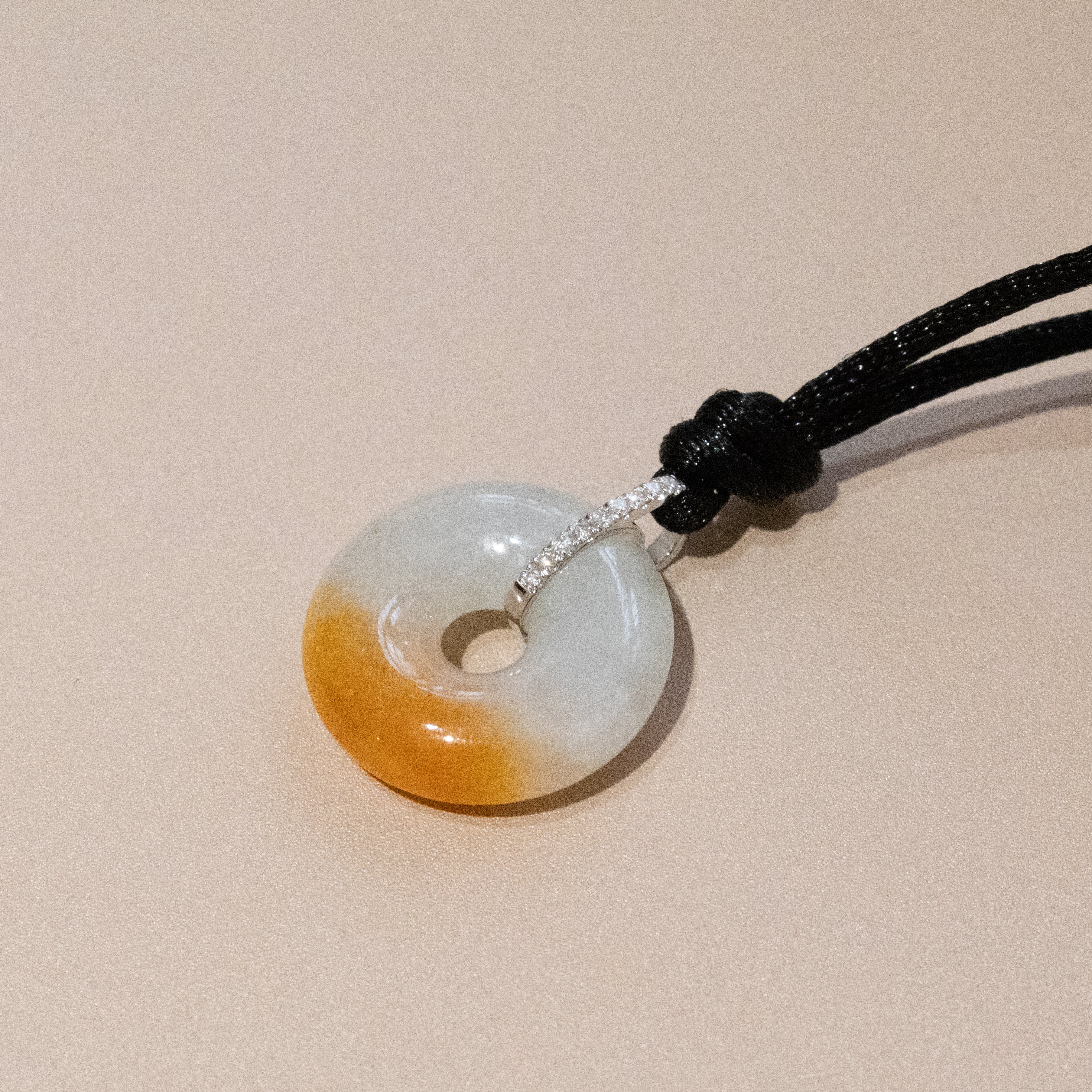 Red Jade Donut Pendant Necklace in 18K White Gold with Diamonds