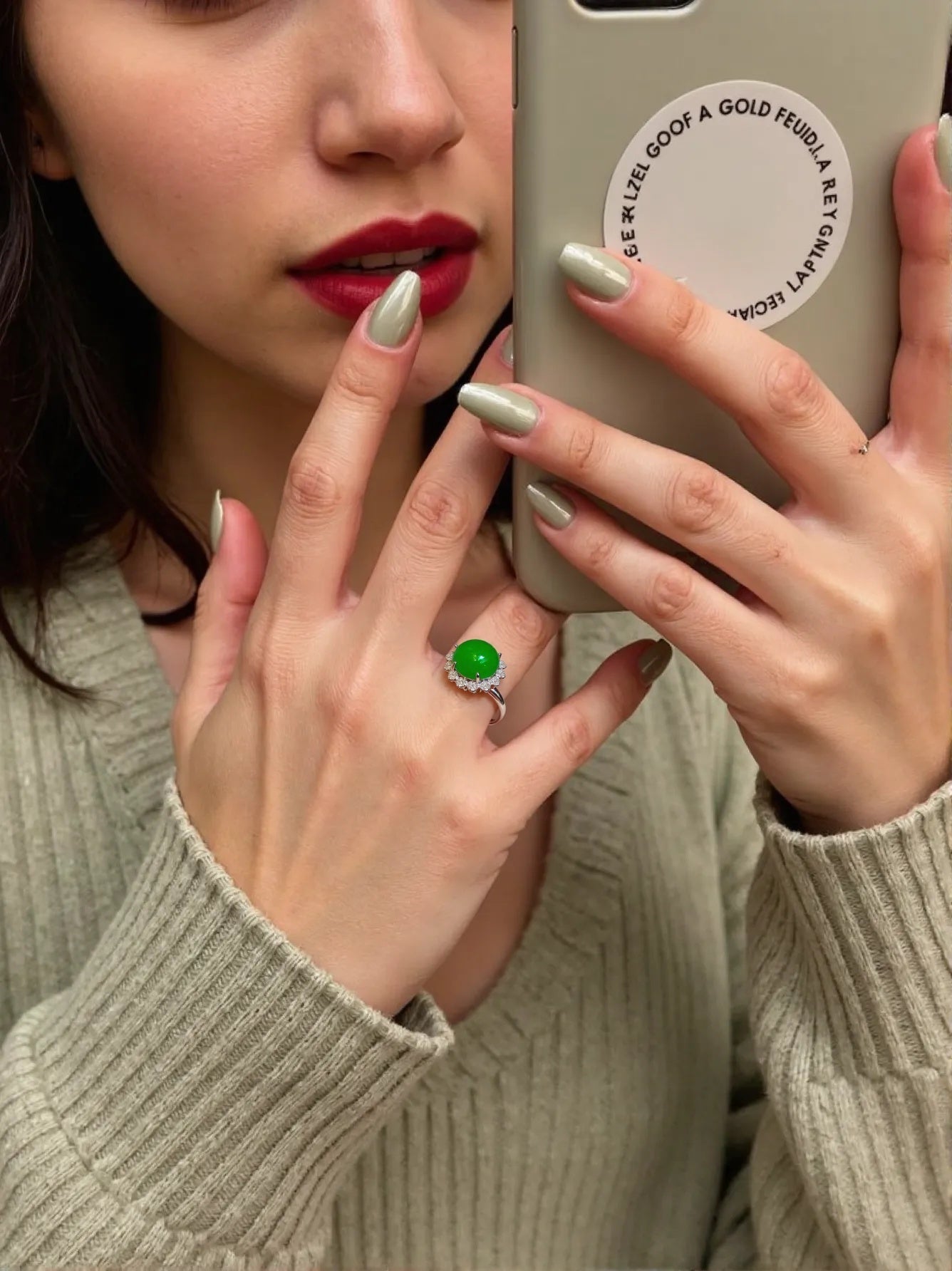 US6.25 Bright Apple Green Cabochon Jadeite Ring – 18k White Gold & Natural Diamonds