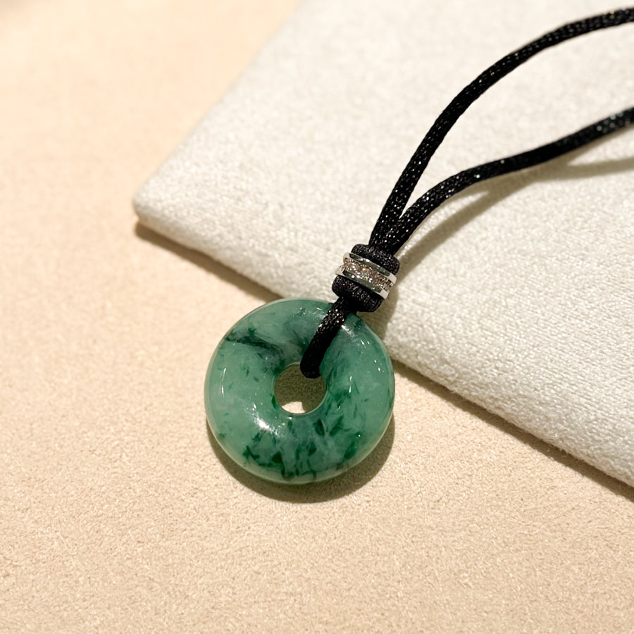 Green Jade Donut Pendant 20mm with Diamond & White Gold Bail | Natural Jade Necklace on Adjustable Black String