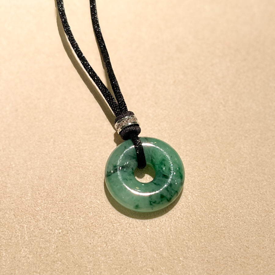 Green Jade Donut Pendant 20mm with Diamond & White Gold Bail | Natural Jade Necklace on Adjustable Black String
