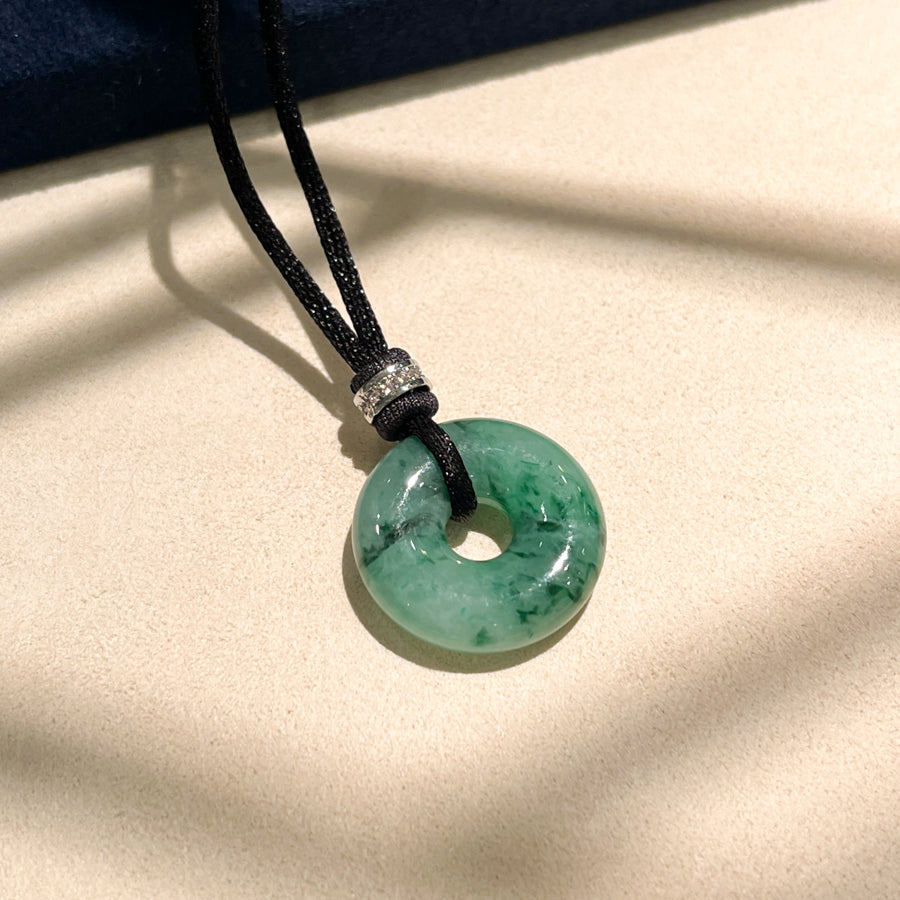 Green Jade Donut Pendant 20mm with Diamond & White Gold Bail | Natural Jade Necklace on Adjustable Black String