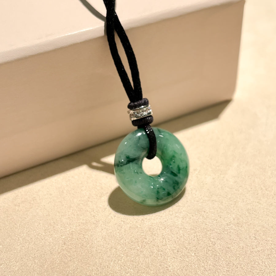 Green Jade Donut Pendant 20mm with Diamond & White Gold Bail | Natural Jade Necklace on Adjustable Black String